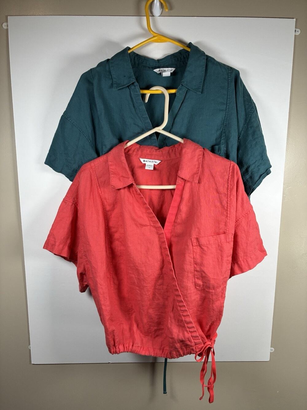 Athleta 2X Playa Tie Top Lot of 2 100% Linen Teal Coral Wrap Crop Tops Plus